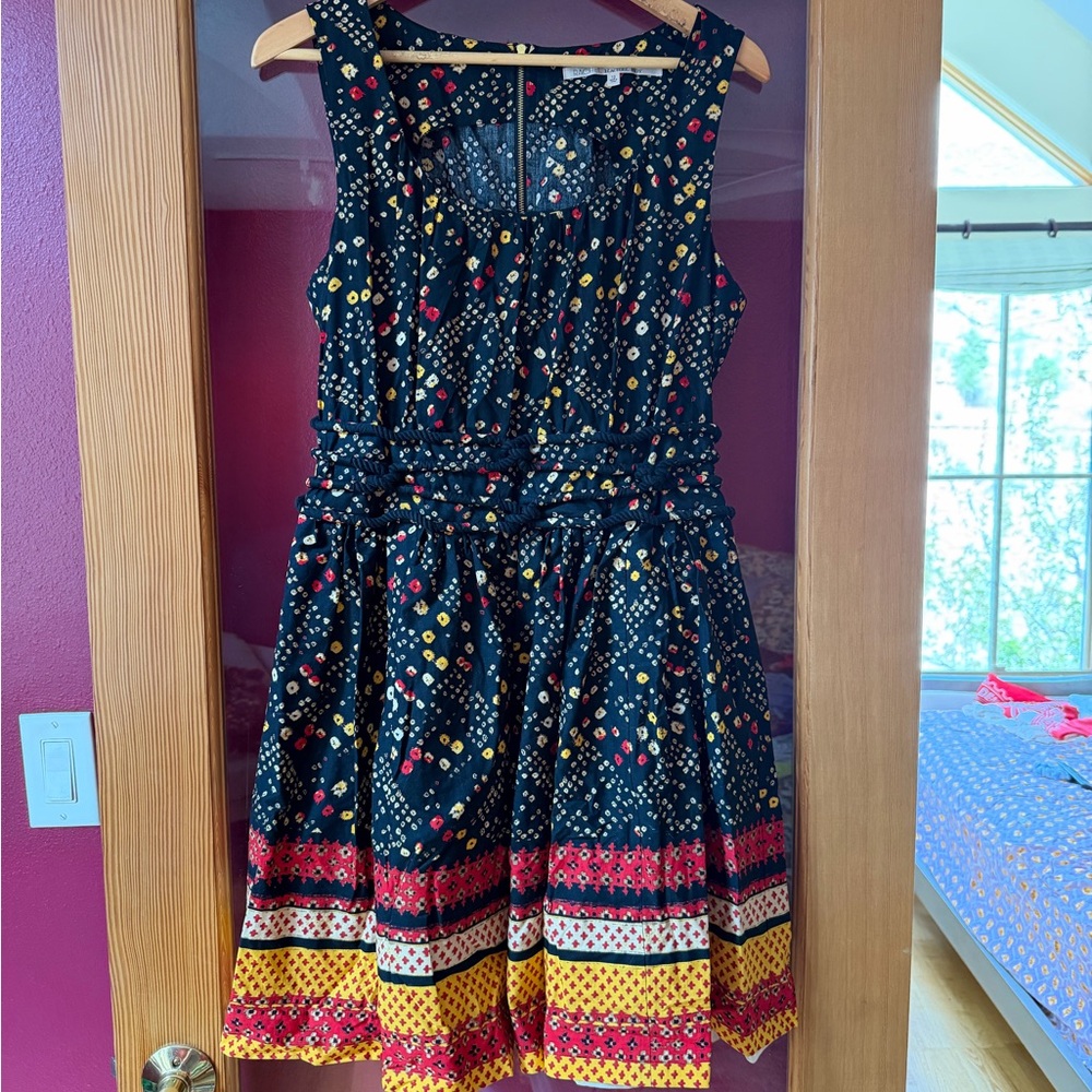 RACHEL Rachel Roy Black Sleeveless Midi Dress with Red & Yellow Accents